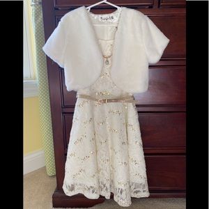 Winter Holiday✨Ivory & Gold Dress Size 8 with Faux Fur and Necklace